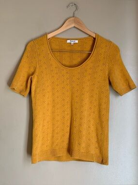 Madewell Eyelet Knit Sweater Scoop Neck Mustard Yellow Short Sleeve Spring Small